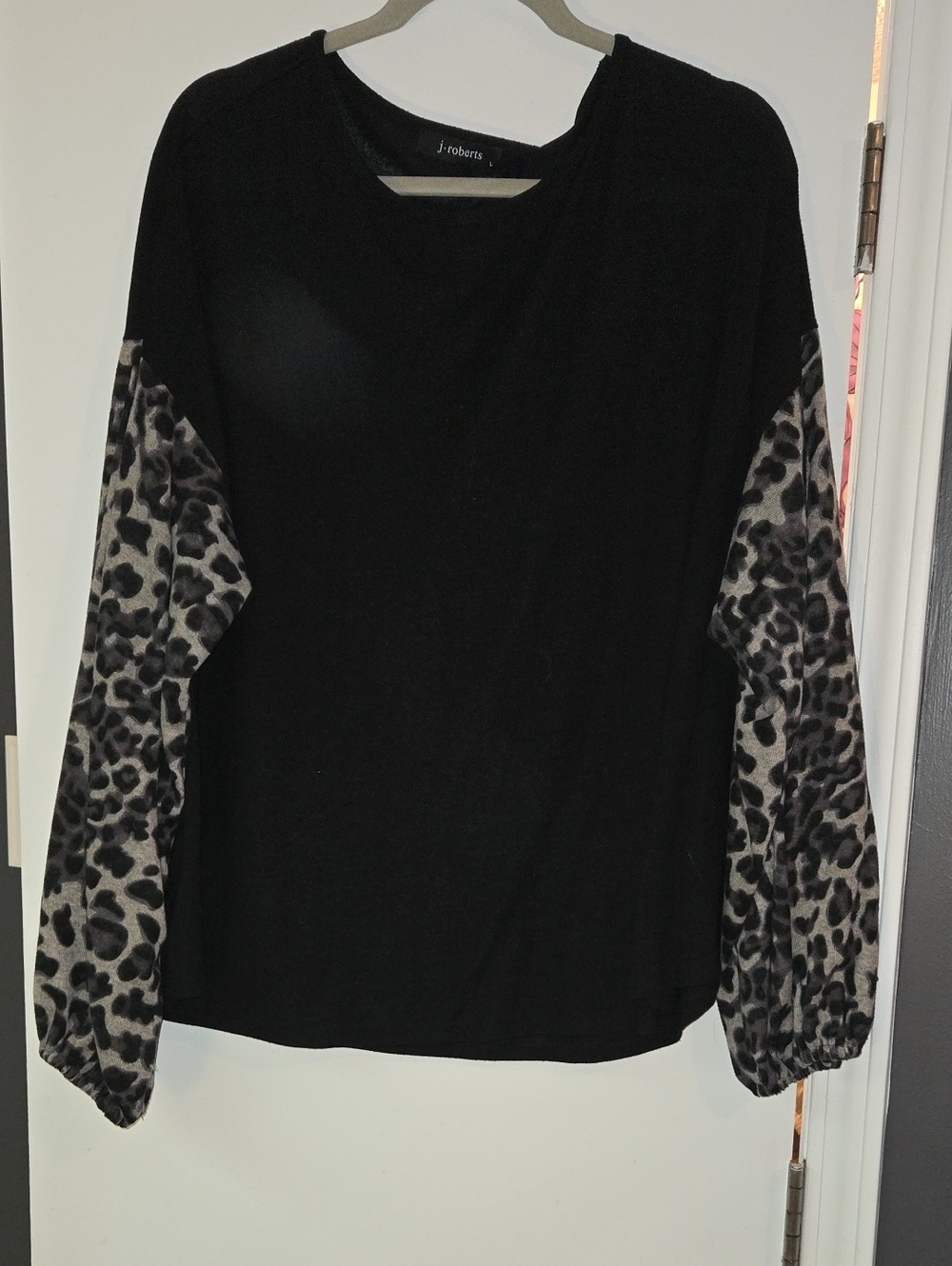 Black Top with Gray Leopard Print Sleeves